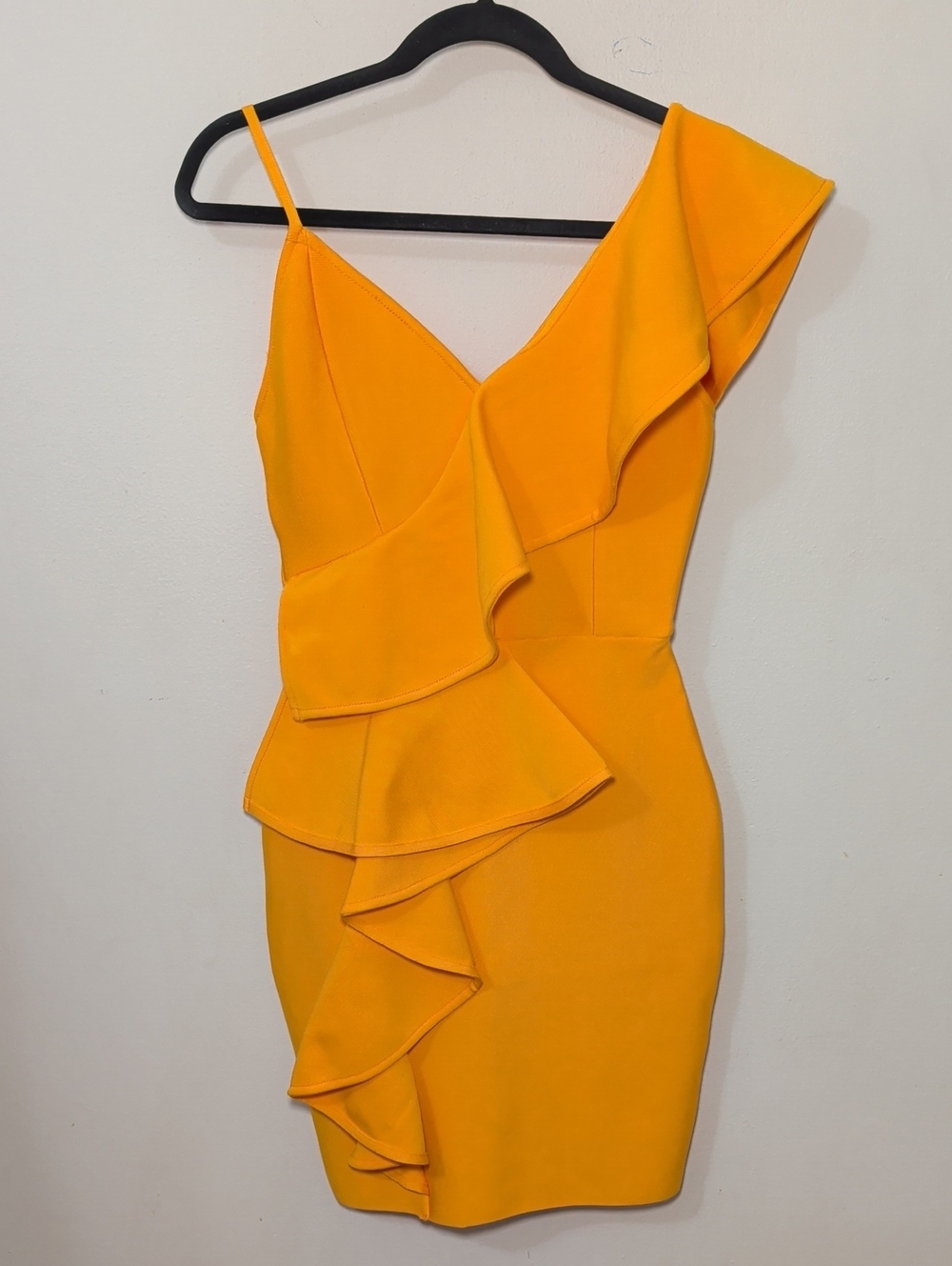 Yellow Bodycon Mini Dress Ruffle-Front Stretchy Women's Size M